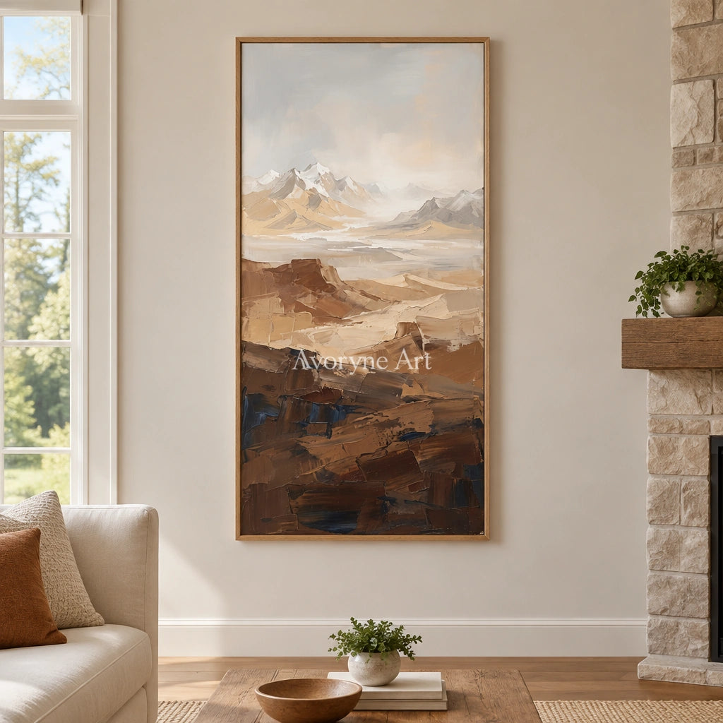 Winding Prelude mountain landscape wall art with a wood frame in a villa living space