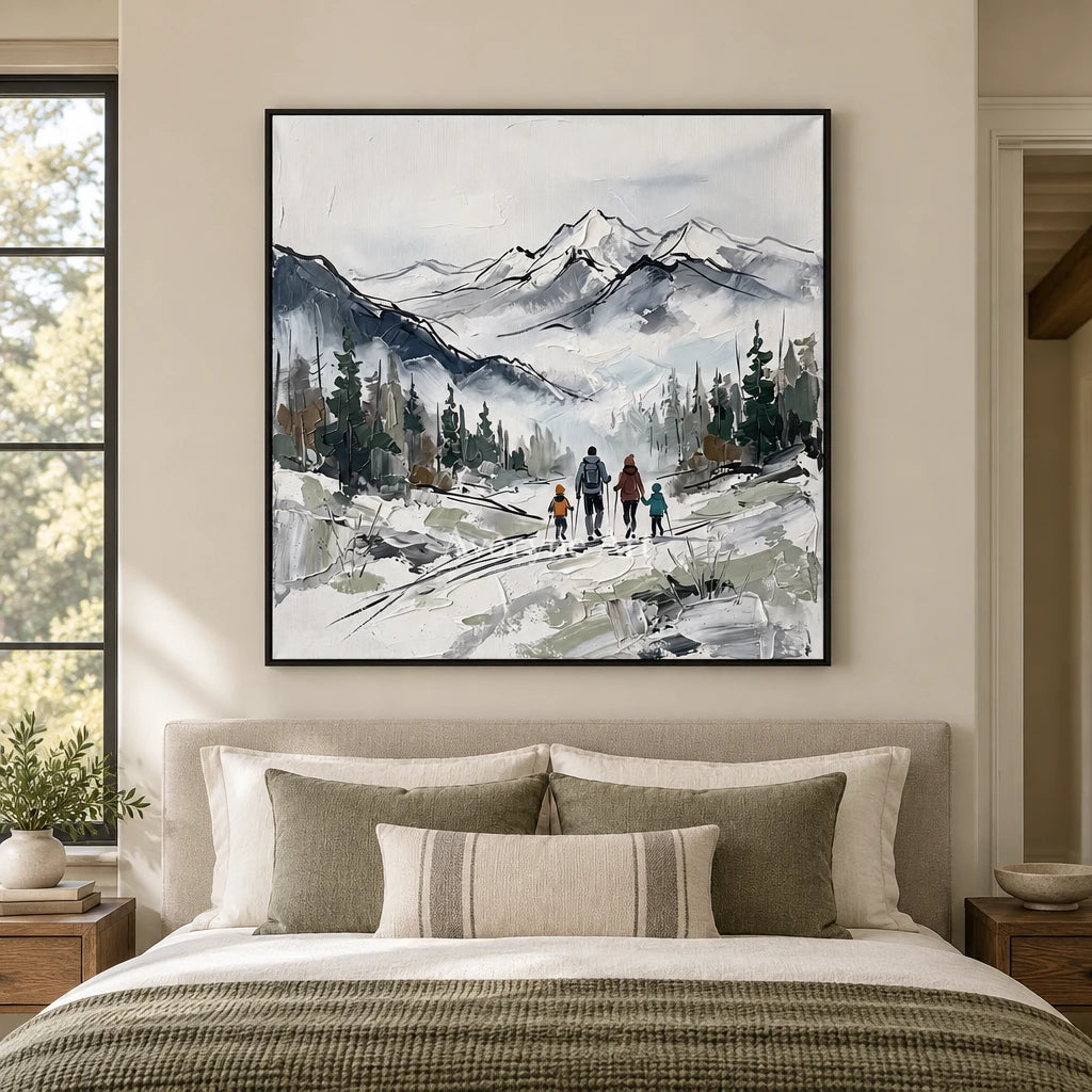 Silver Horizon mountain landscape wall art with a black frame above a bed in a bedroom