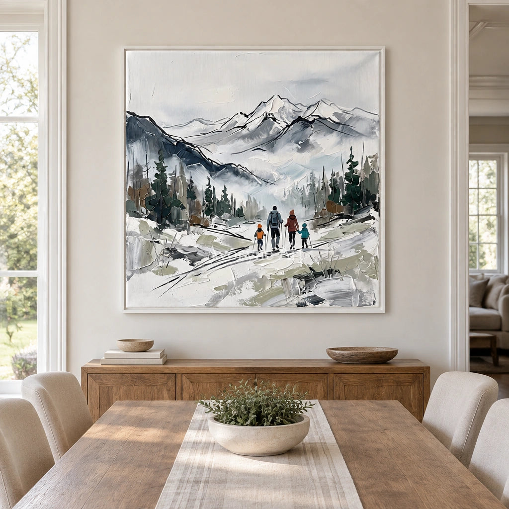 Silver Horizon mountain landscape wall art with a white frame in a dining room