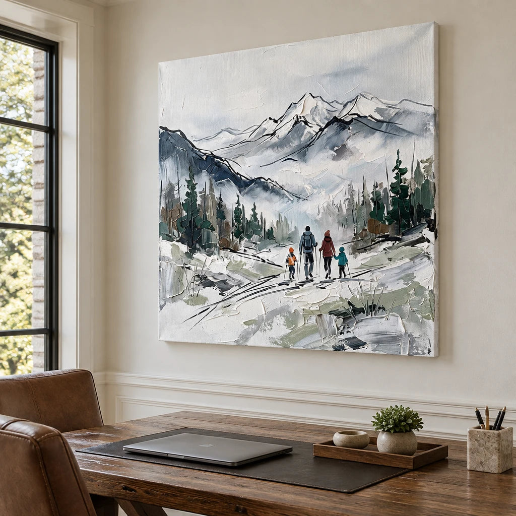 Silver Horizon mountain landscape wall art as a frameless stretched canvas in a home office