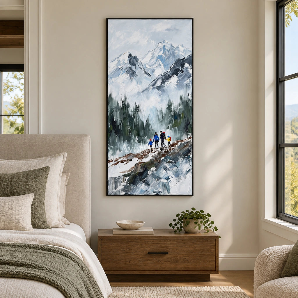 Silver Drift mountain landscape wall art with a black frame above a bed in a bedroom