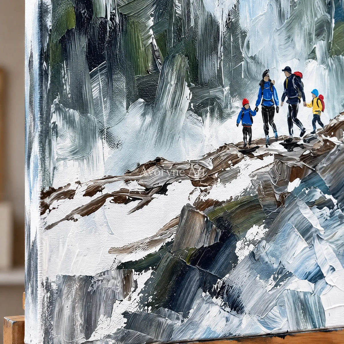 Close-up of the hand-painted texture of Silver Drift mountain landscape wall art on an easel