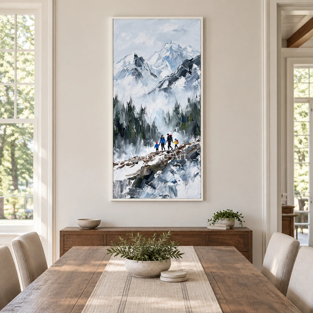 Silver Drift mountain landscape wall art with a white frame in a dining room