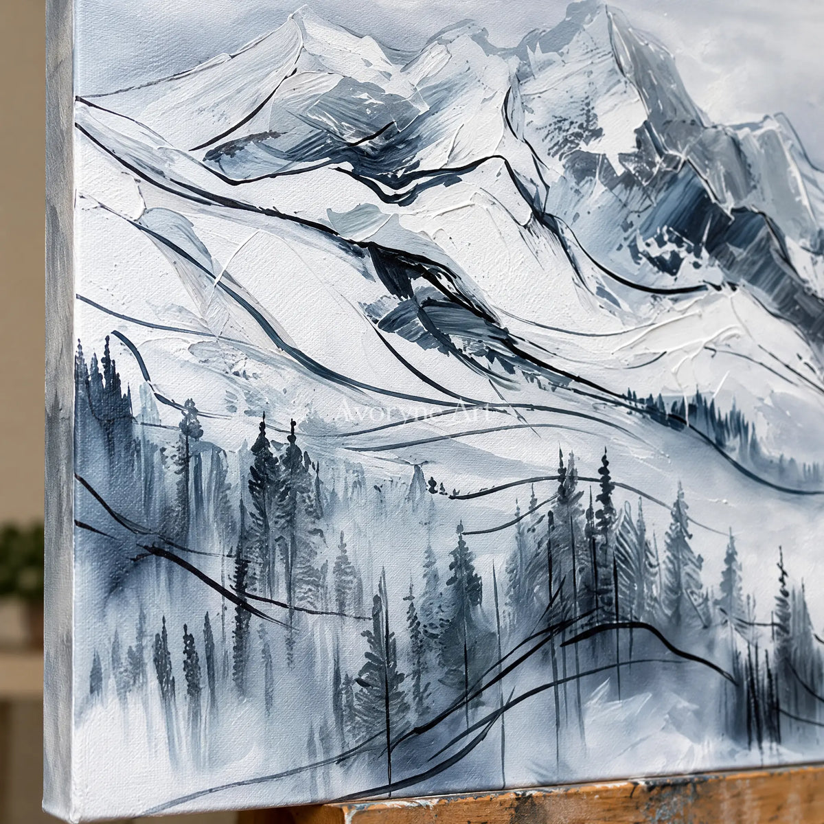 Close-up of the hand-painted texture of Silver Prelude mountain landscape wall art on an easel