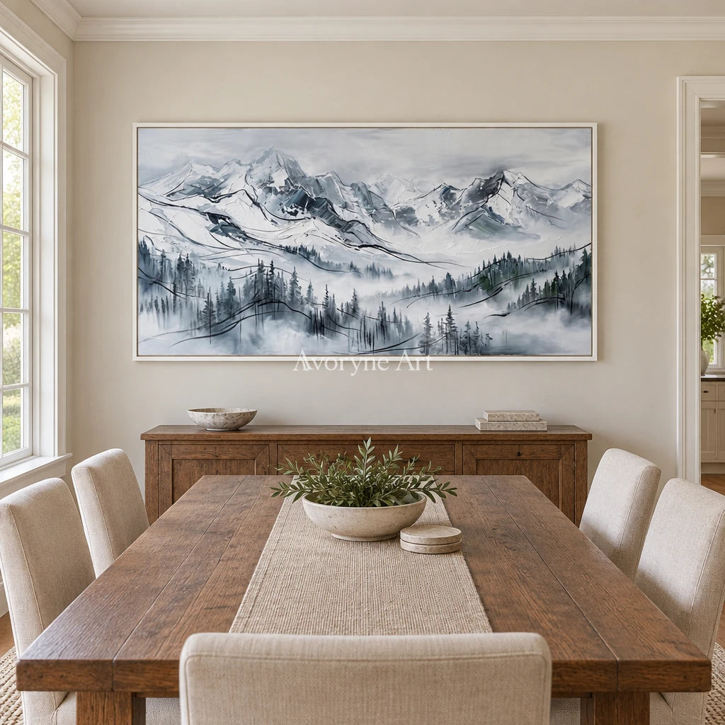 Silver Prelude mountain landscape wall art with a white frame in a dining room