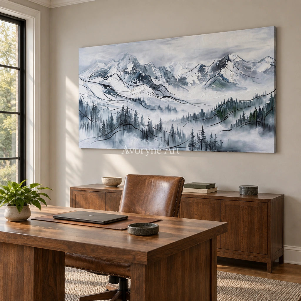 Silver Prelude mountain landscape wall art as a frameless stretched canvas in a home office