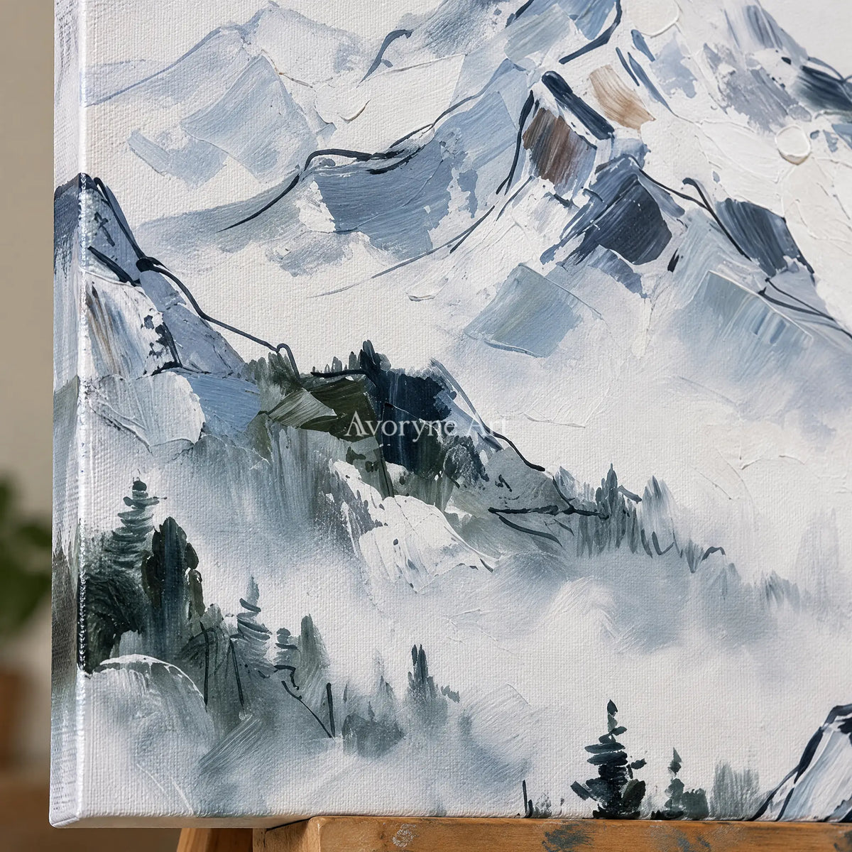 Close-up of the hand-painted texture of Silver Trace mountain landscape wall art on an easel