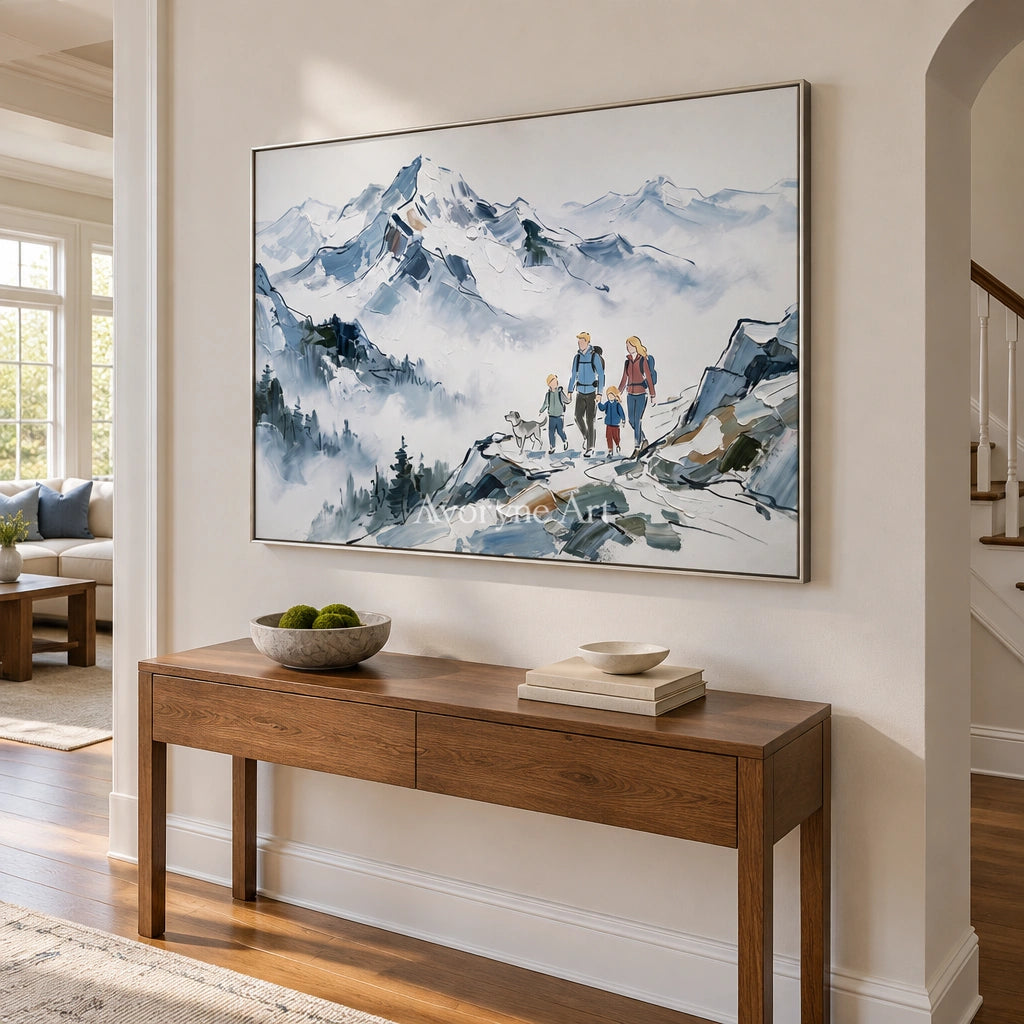 Silver Trace mountain landscape wall art with a silver frame in an entryway