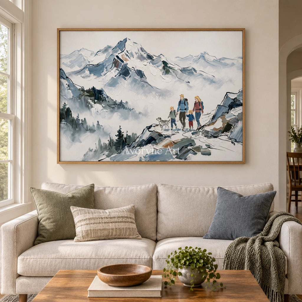 Silver Trace mountain landscape wall art with a wood frame in a villa living space