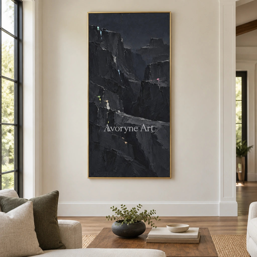 Still Dialogue mountain relief wall art with a gold frame hanging in a living room