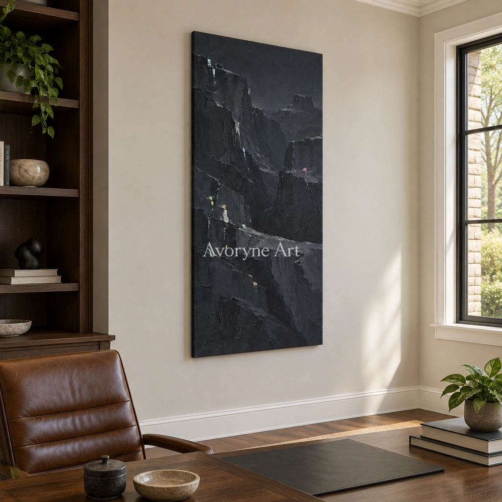 Still Dialogue mountain relief wall art as a frameless stretched canvas in a home office