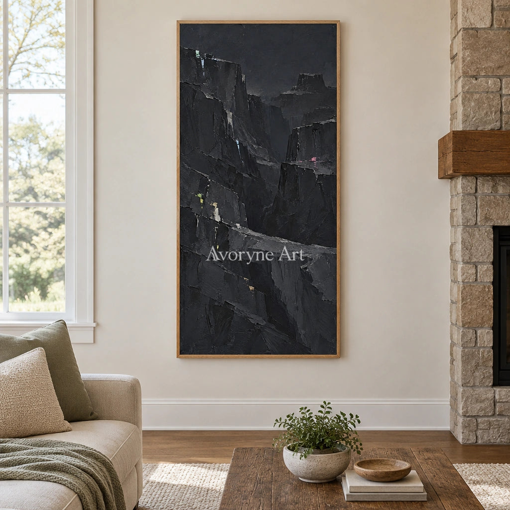 Still Dialogue mountain relief wall art with a wood frame in a villa living space