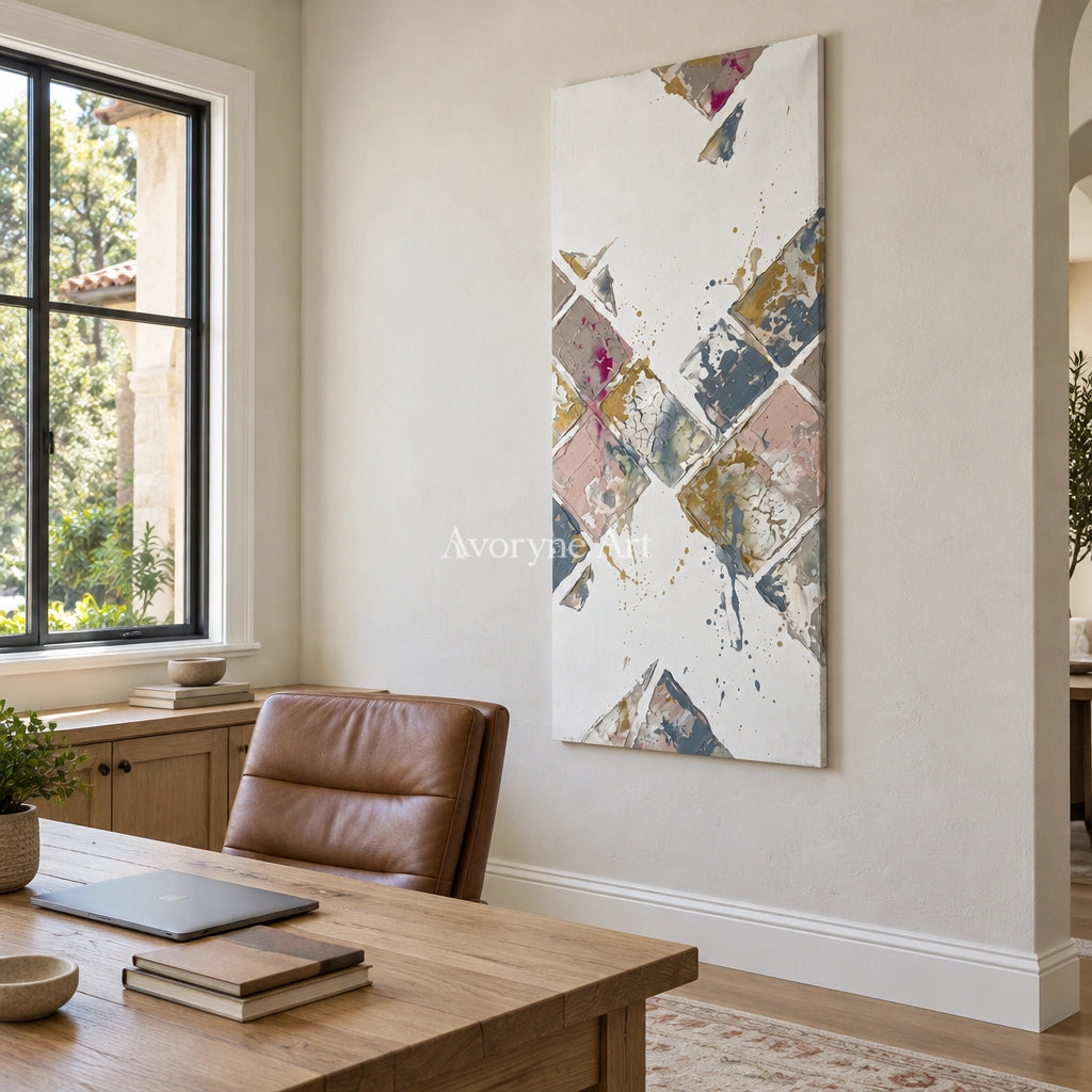 Earthen Passage muted geometric art as a frameless stretched canvas in a home office