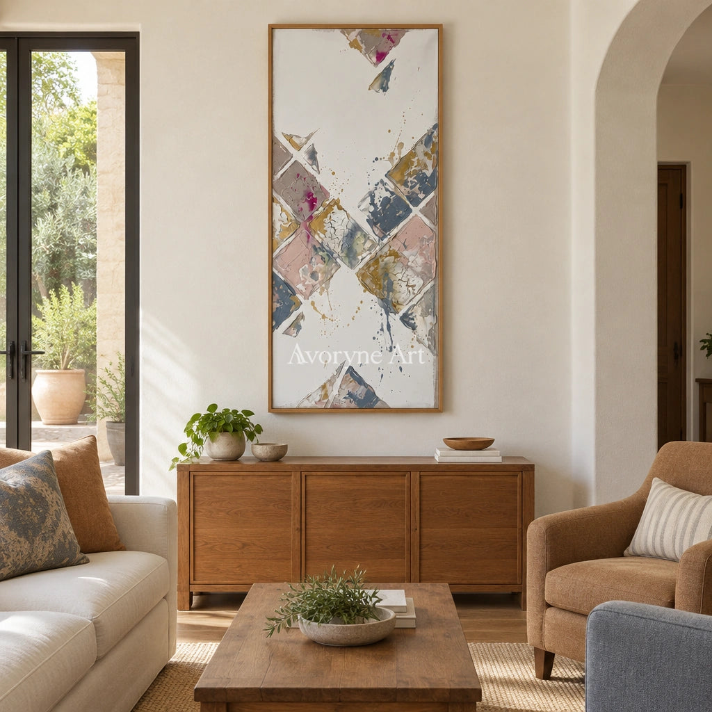 Earthen Passage muted geometric art with a wood frame in a villa living space