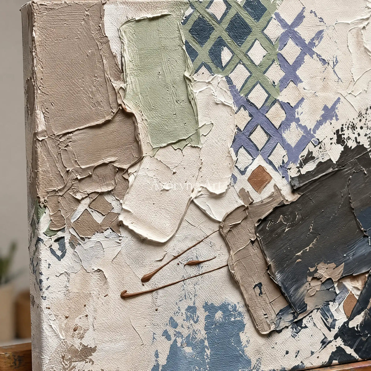 Close-up of the hand-painted texture of Earthen Verse muted geometric art on an easel