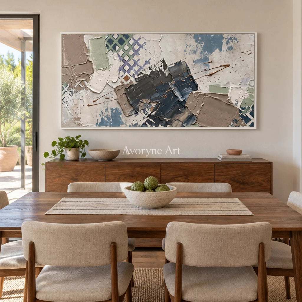 Earthen Verse muted geometric art with a white frame in a dining room