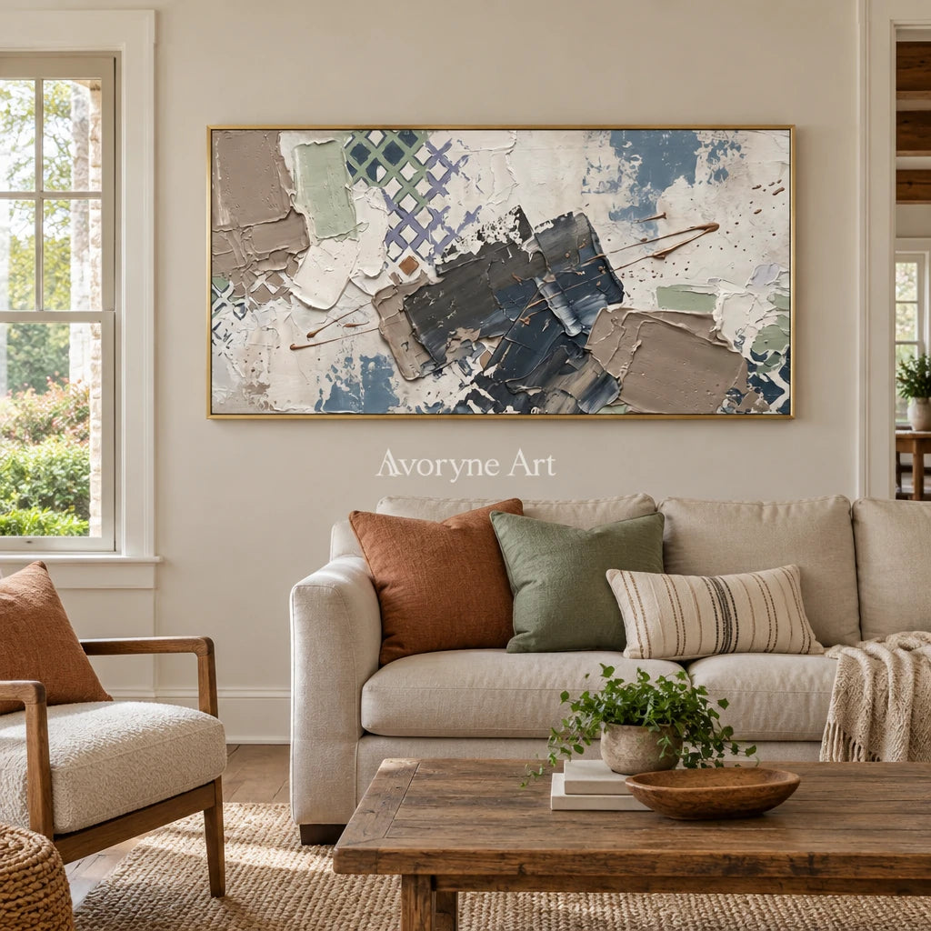 Earthen Verse muted geometric art with a gold frame hanging in a living room