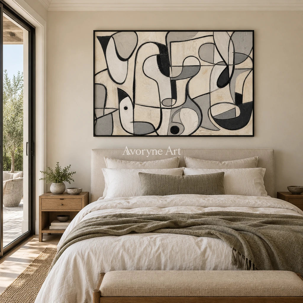 Woven Reverie muted organic abstract wall art with a black frame above a bed in a bedroom