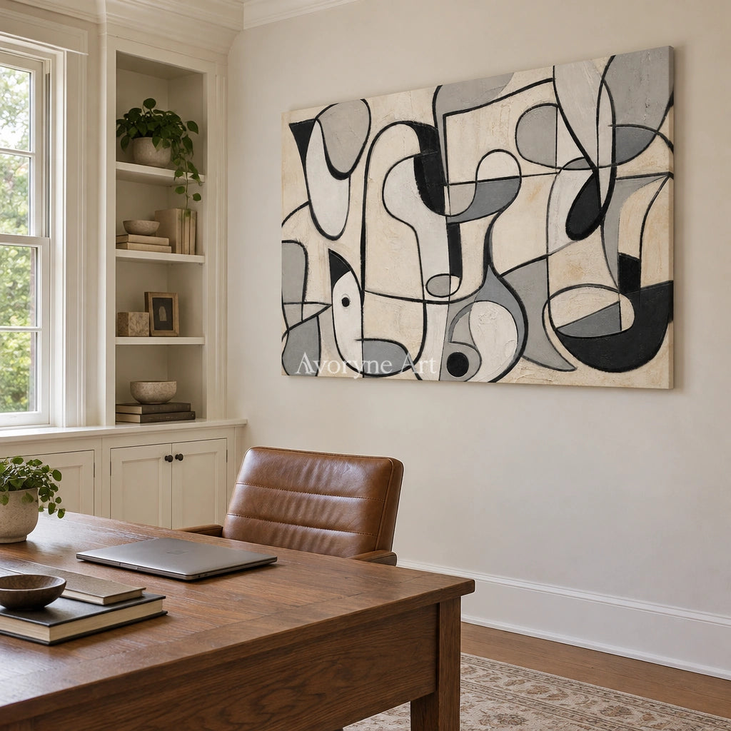 Woven Reverie muted organic abstract wall art as a frameless stretched canvas in a home office