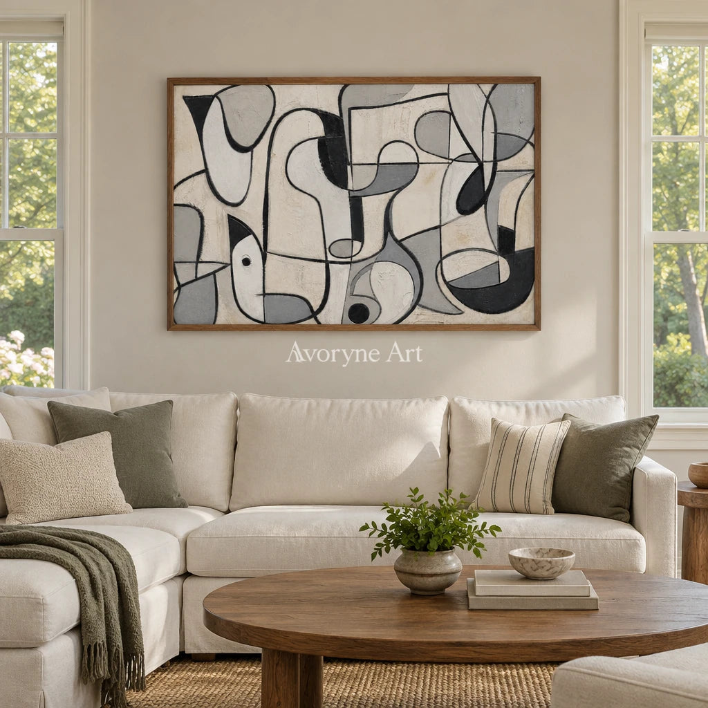 Woven Reverie muted organic abstract wall art with a wood frame in a villa living space