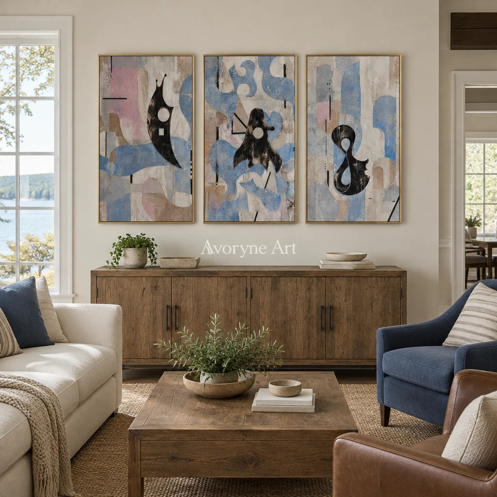 Woven Horizon muted organic abstract triptych with a gold frame hanging in a living room
