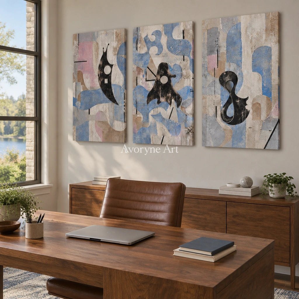 Woven Horizon muted organic abstract triptych as a frameless stretched canvas in a home office
