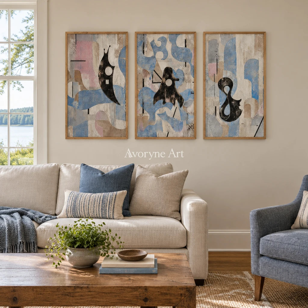 Woven Horizon muted organic abstract triptych with a wood frame in a villa living space