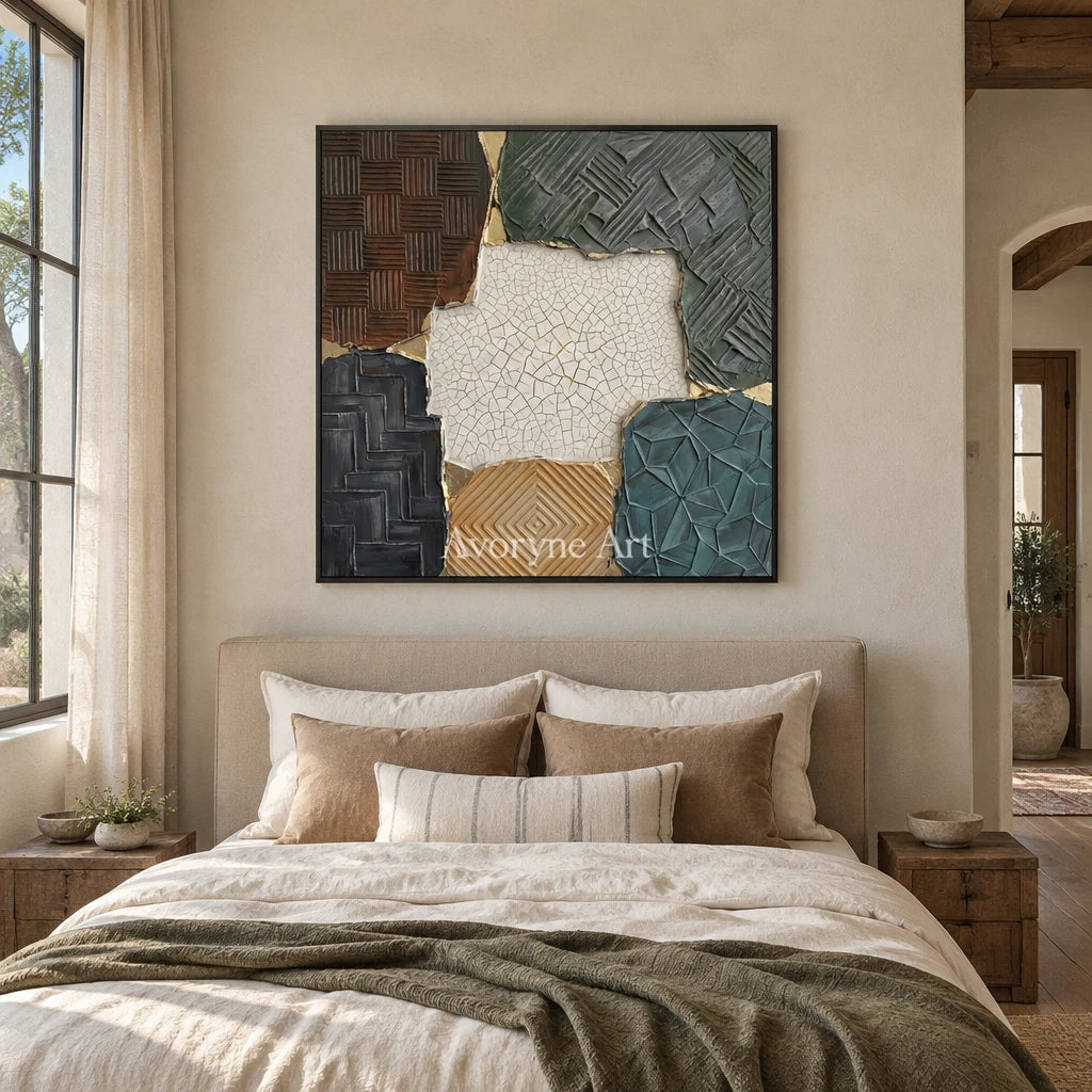 Mineral Cadence muted patchwork texture wall art with a black frame above a bed in a bedroom