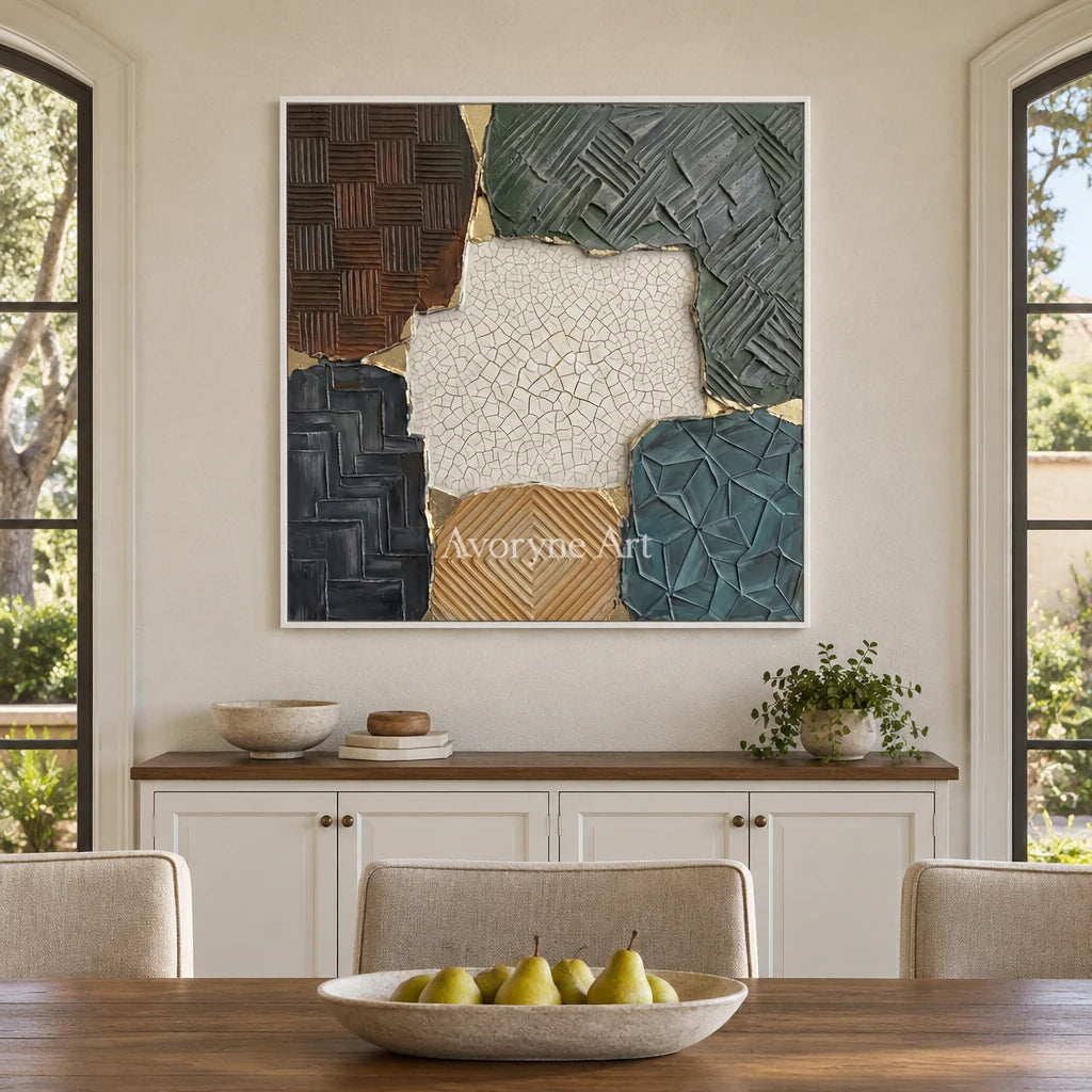 Mineral Cadence muted patchwork texture wall art with a white frame in a dining room