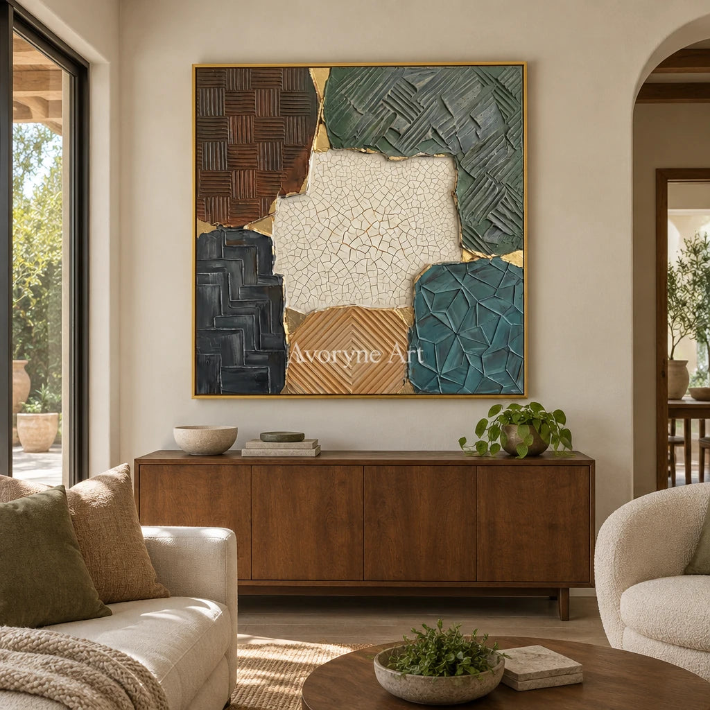 Mineral Cadence muted patchwork texture wall art with a gold frame hanging in a living room