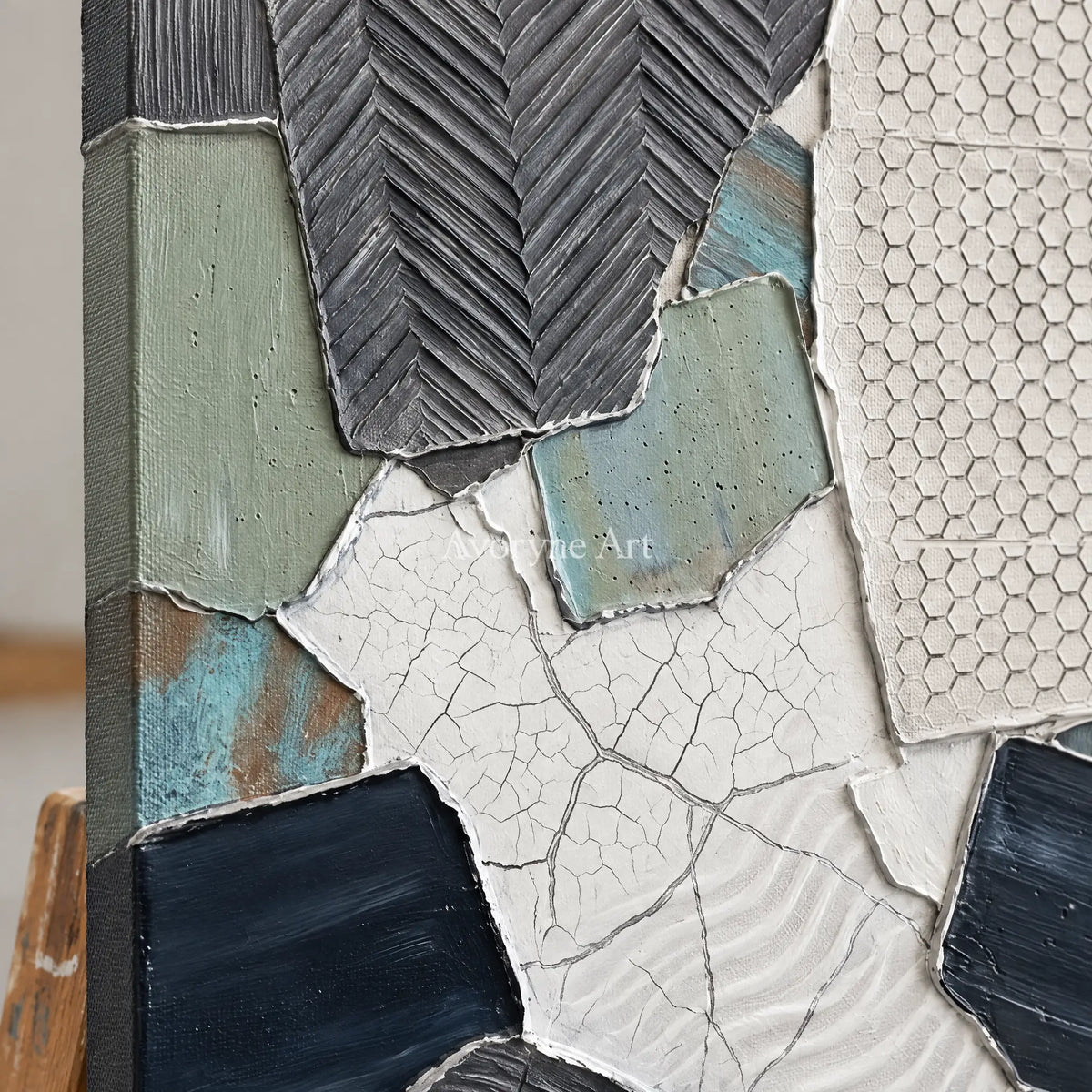 Close-up of the hand-painted texture of Mineral Memory muted patchwork texture wall art on an easel