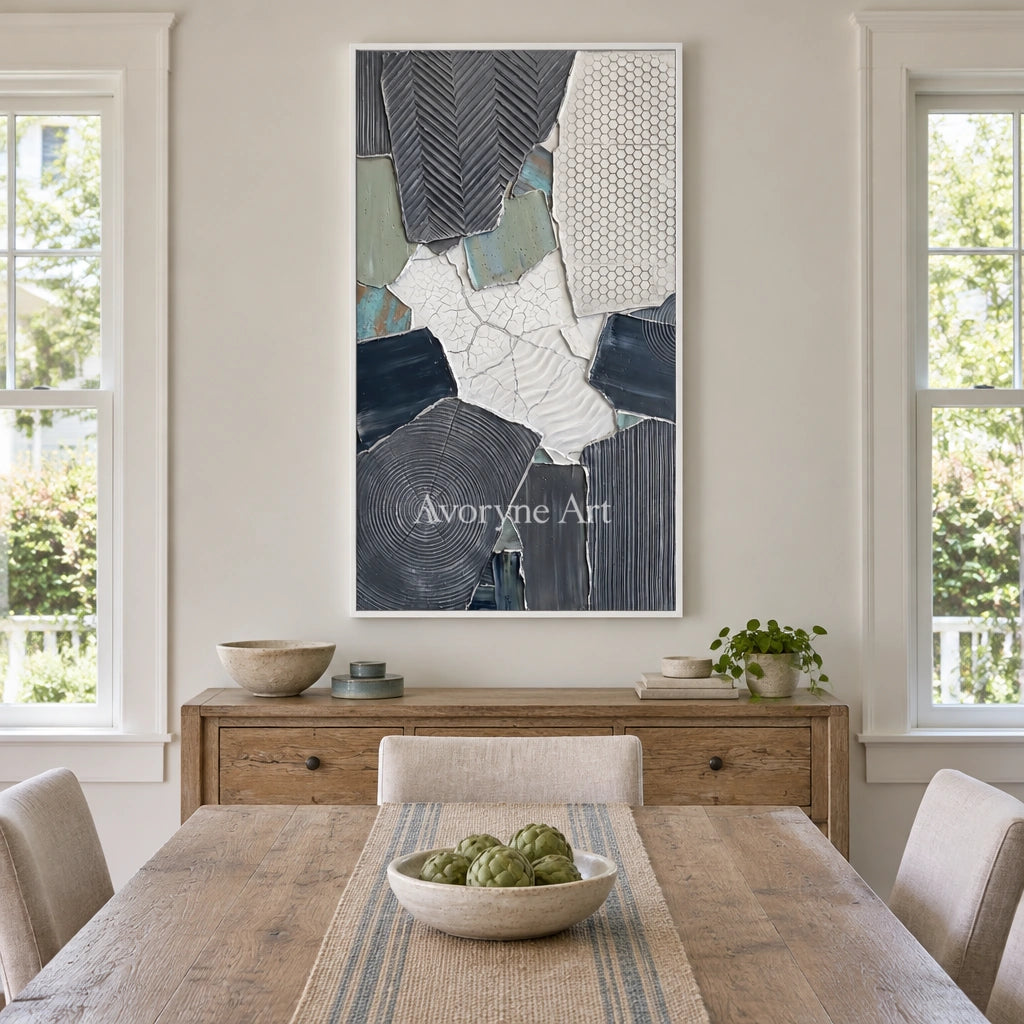 Mineral Memory muted patchwork texture wall art with a white frame in a dining room