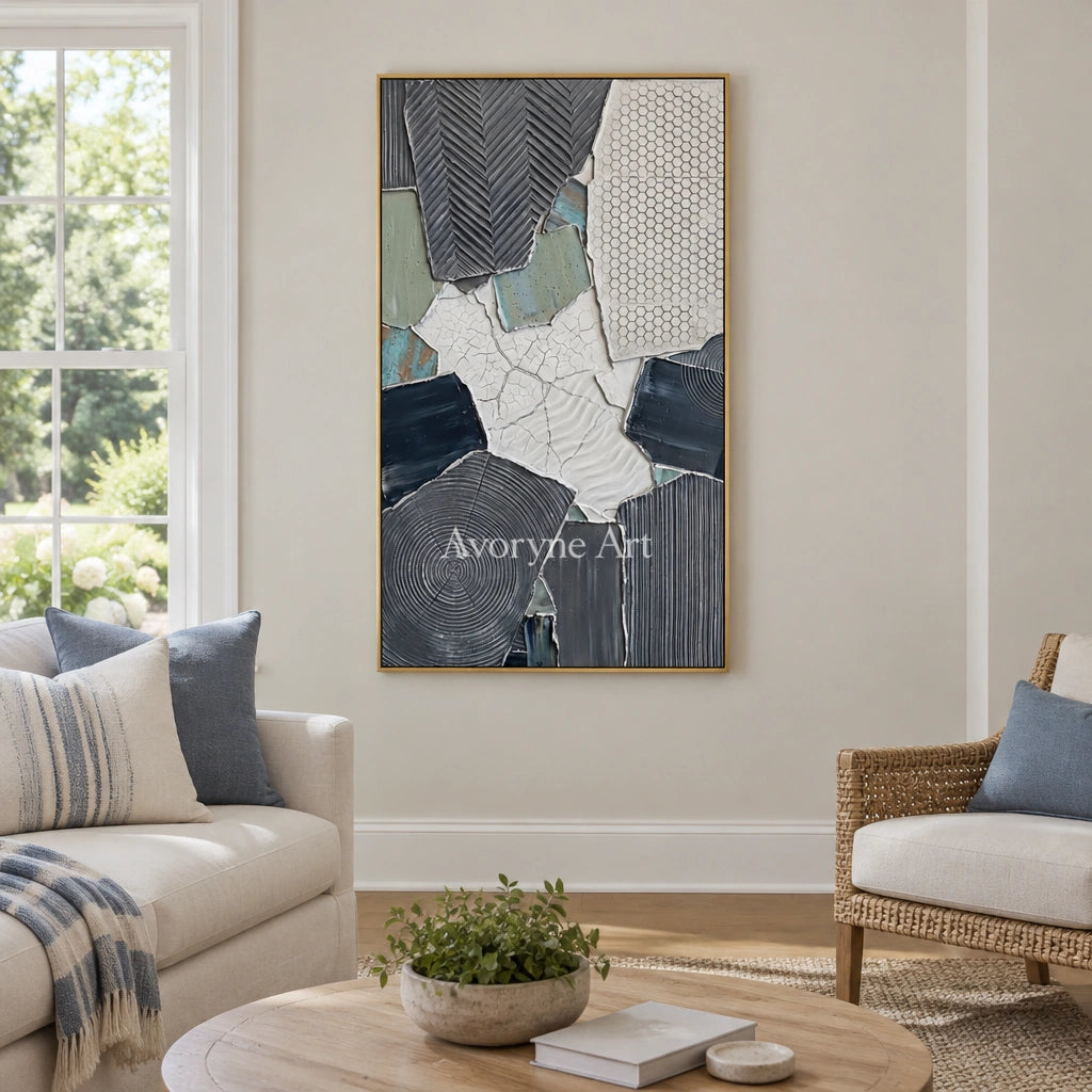Mineral Memory muted patchwork texture wall art with a gold frame hanging in a living room