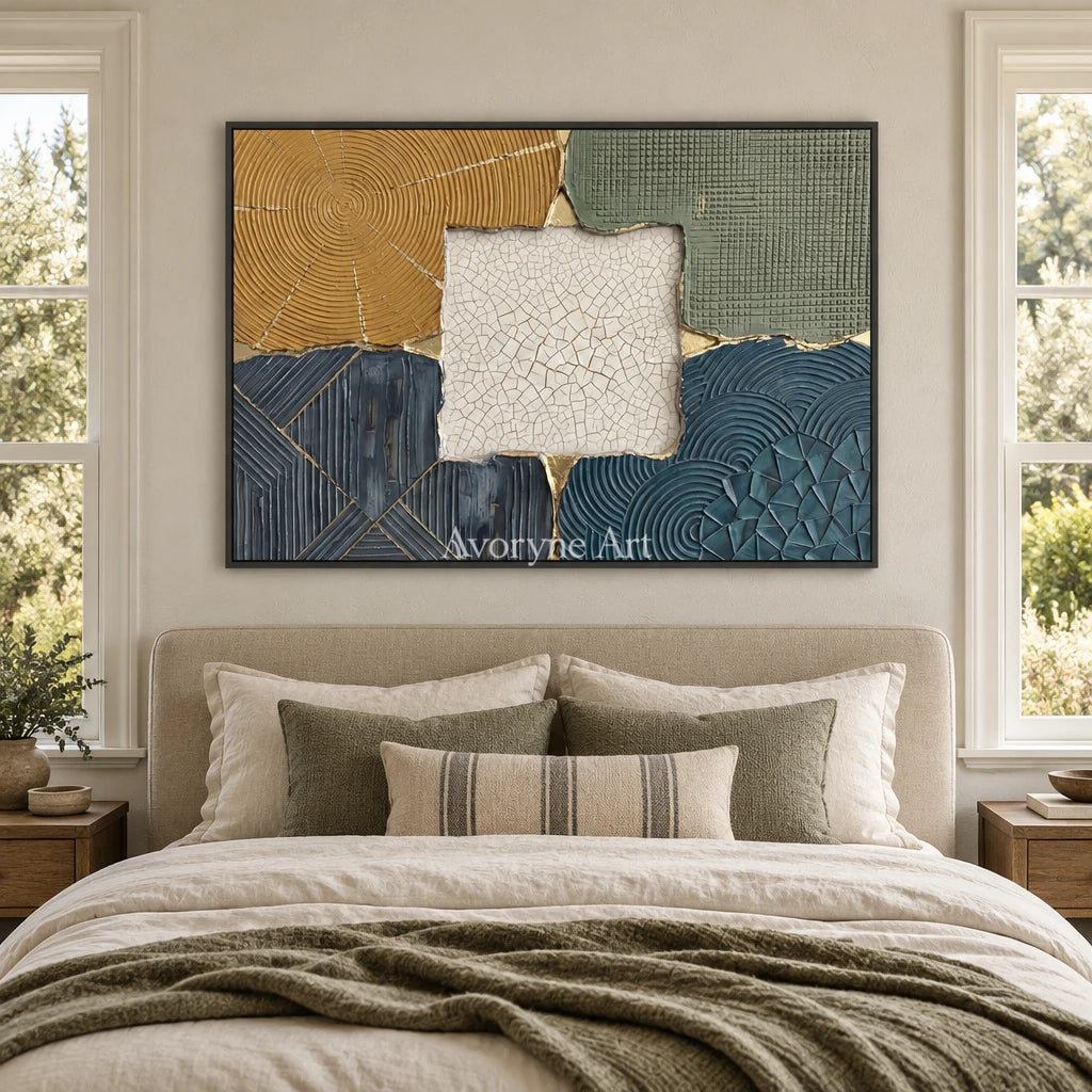 Still Field muted patchwork texture wall art with a black frame above a bed in a bedroom