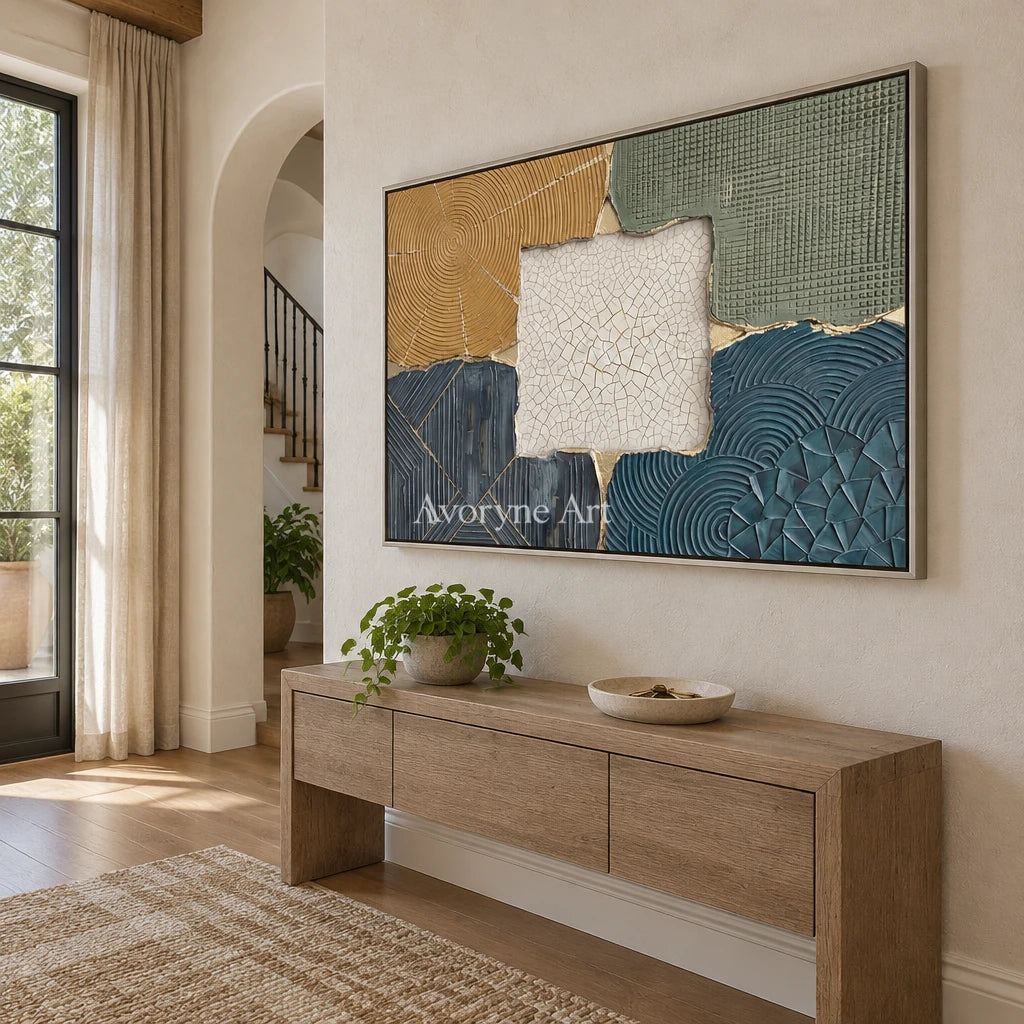 Still Field muted patchwork texture wall art with a silver frame in an entryway