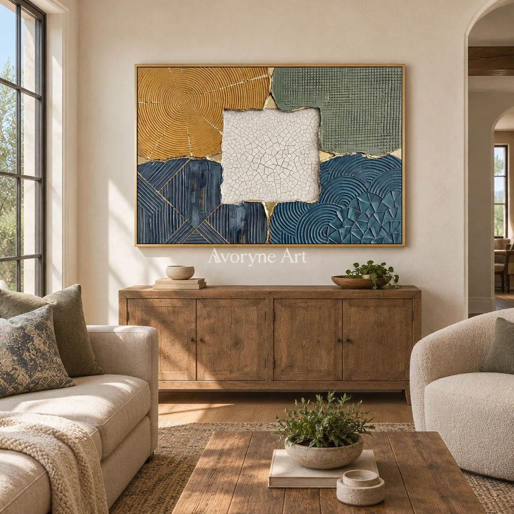 Still Field muted patchwork texture wall art with a gold frame hanging in a living room