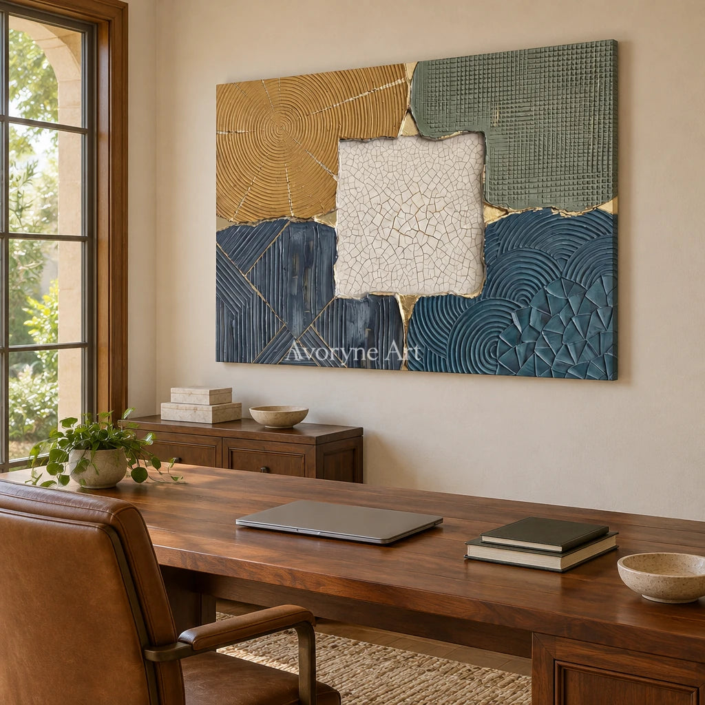 Still Field muted patchwork texture wall art as a frameless stretched canvas in a home office