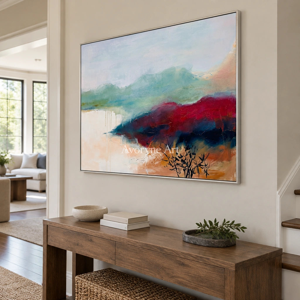 Blue Dialogue nature brushwork wall art with a silver frame in an entryway
