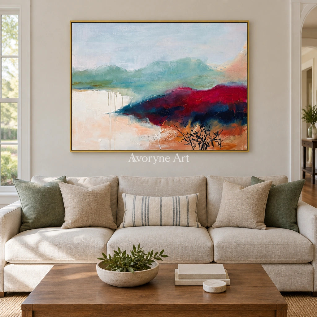 Blue Dialogue nature brushwork wall art with a gold frame hanging in a living room