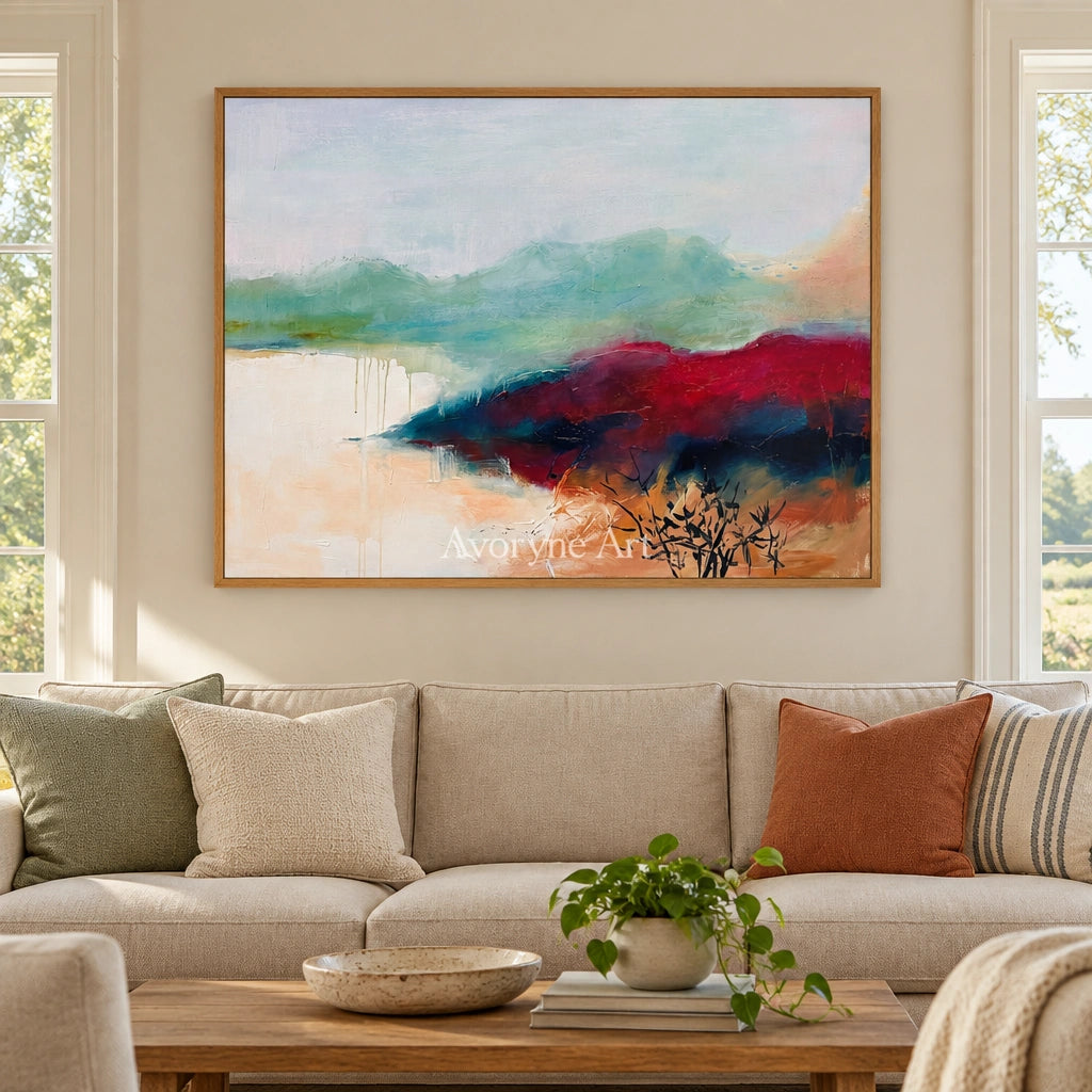 Blue Dialogue nature brushwork wall art with a wood frame in a villa living space