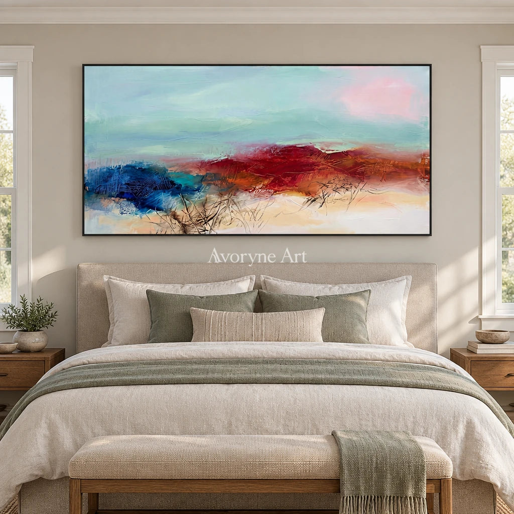 Pale Cadence nature brushwork wall art with a black frame above a bed in a bedroom
