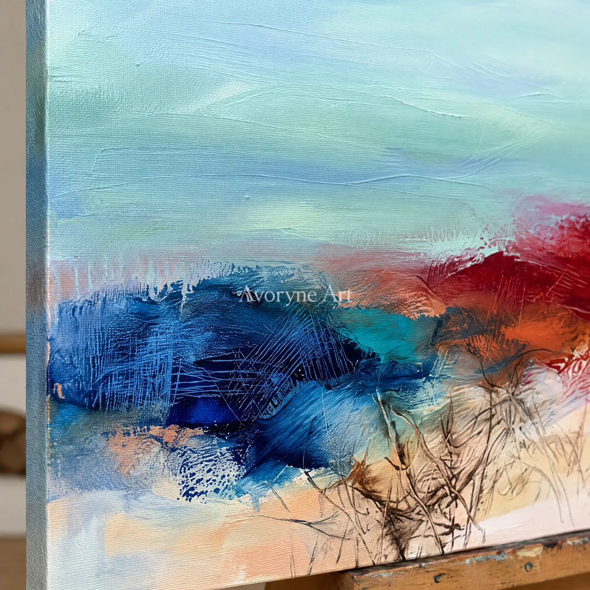 Close-up of the hand-painted texture of Pale Cadence nature brushwork wall art on an easel