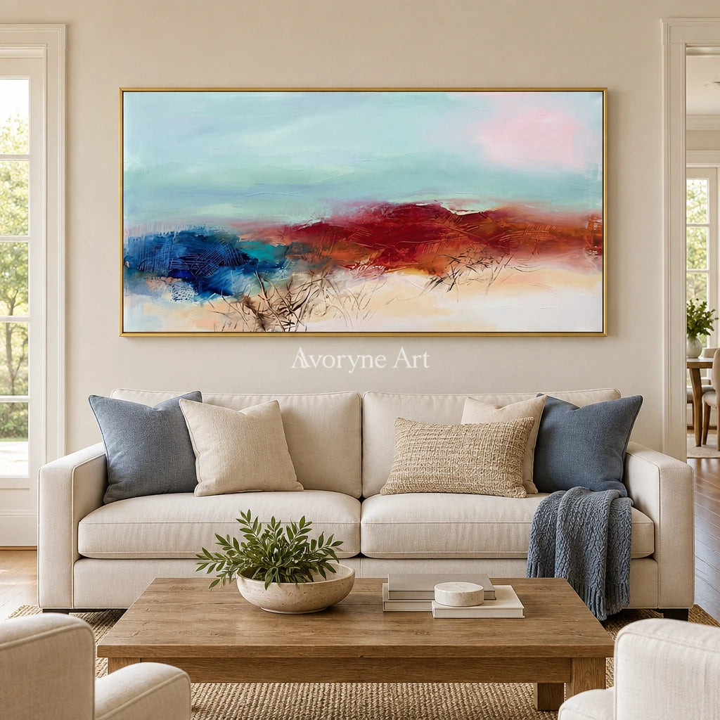 Pale Cadence nature brushwork wall art with a gold frame hanging in a living room