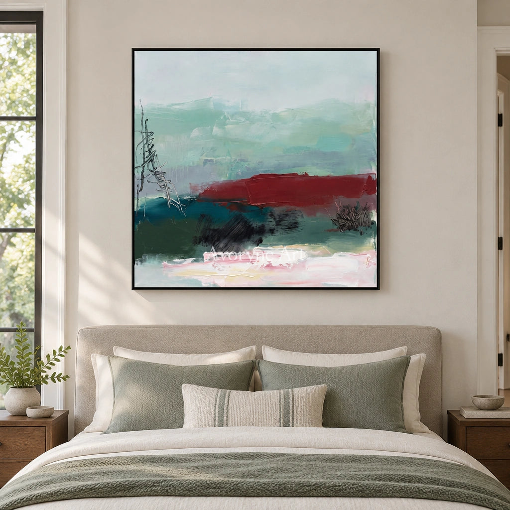 Pale Horizon nature brushwork wall art with a black frame above a bed in a bedroom