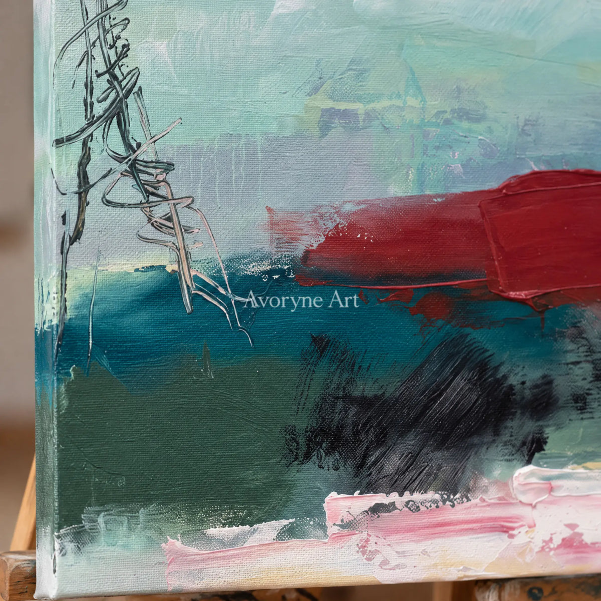 Close-up of the hand-painted texture of Pale Horizon nature brushwork wall art on an easel