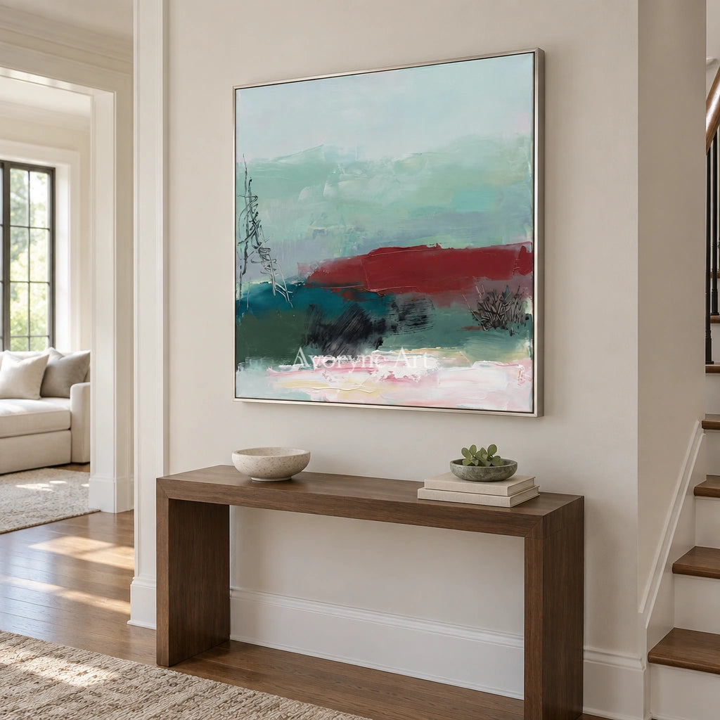 Pale Horizon nature brushwork wall art with a silver frame in an entryway