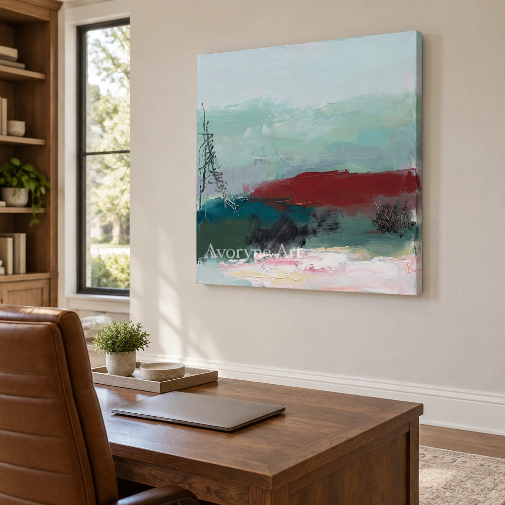 Pale Horizon nature brushwork wall art as a frameless stretched canvas in a home office