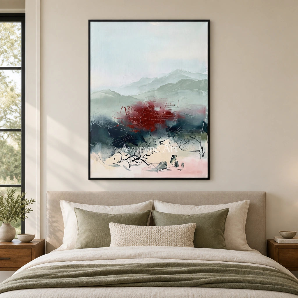 Pale Memory nature brushwork wall art with a black frame above a bed in a bedroom