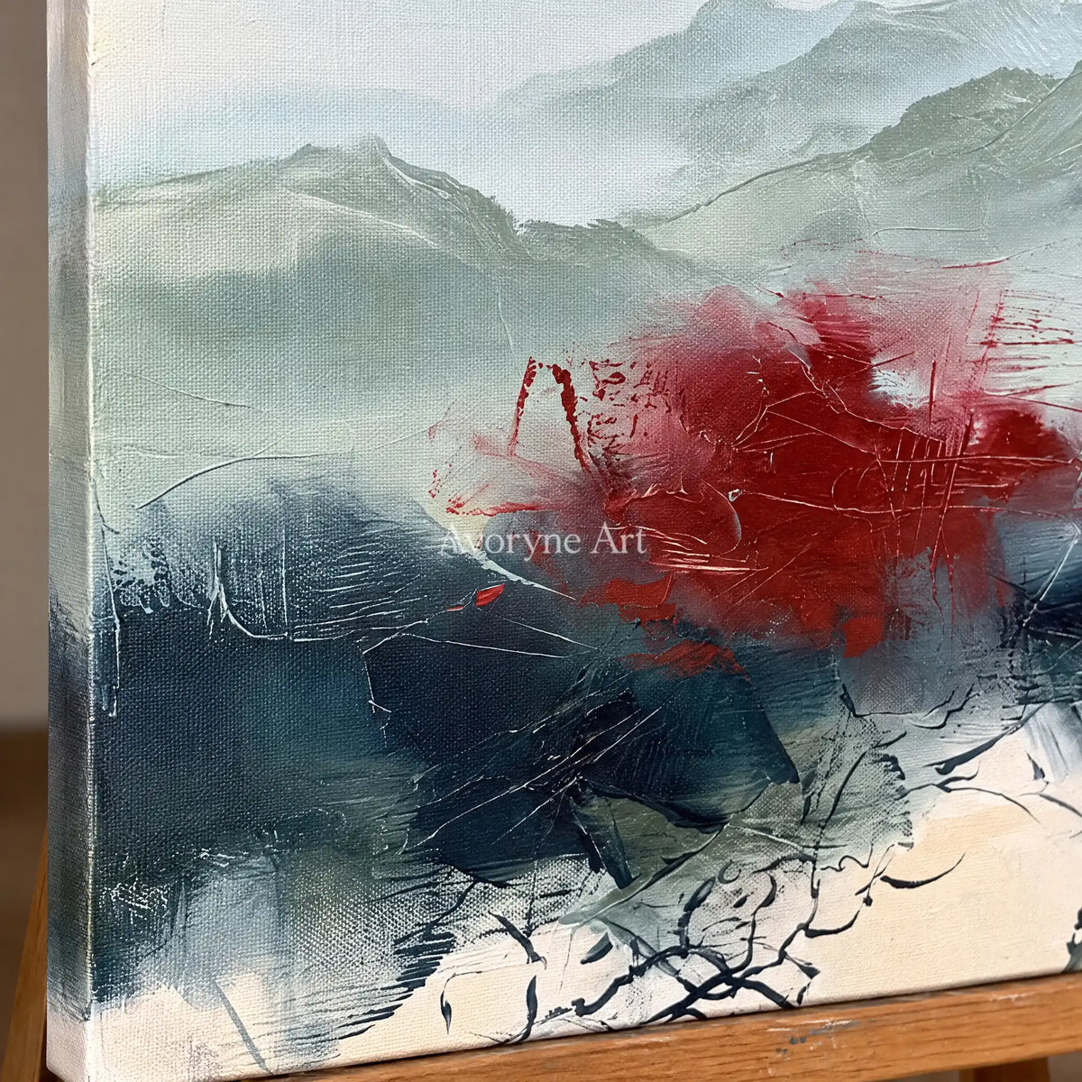 Close-up of the hand-painted texture of Pale Memory nature brushwork wall art on an easel