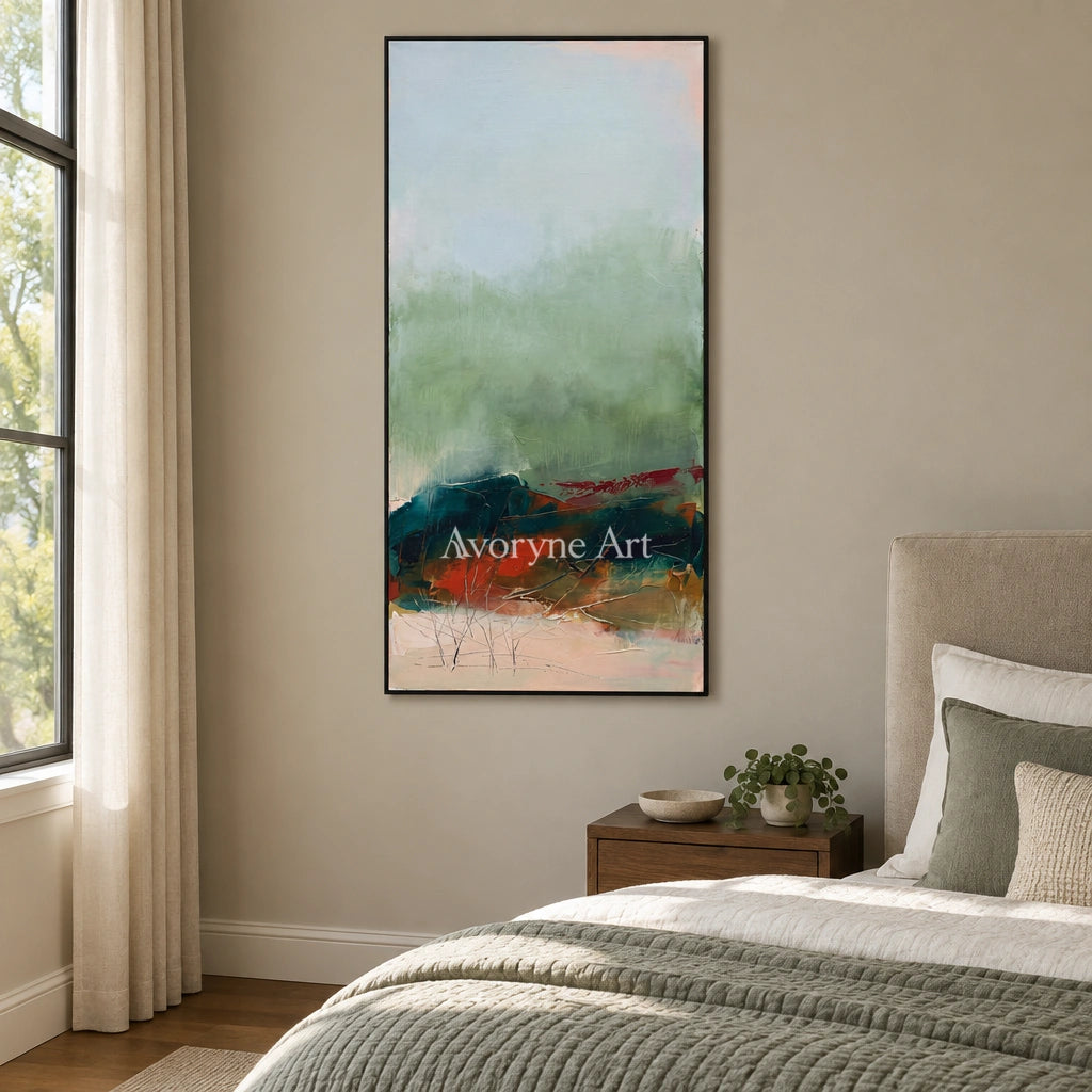 Pale Vista nature brushwork wall art with a black frame above a bed in a bedroom
